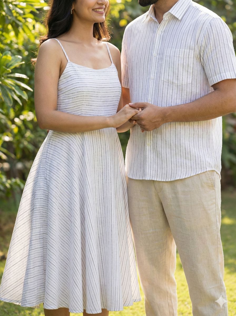 Off white Cotton Linen Fabric with Grey & Blue Horizontal Lines (60 lea)