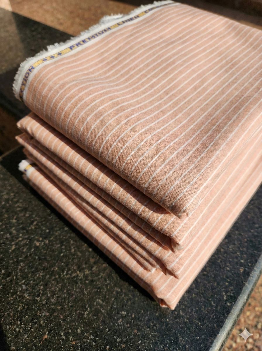 Peach Pure Cotton Linen Fabric with Horizontal White Stripes (60 lea)