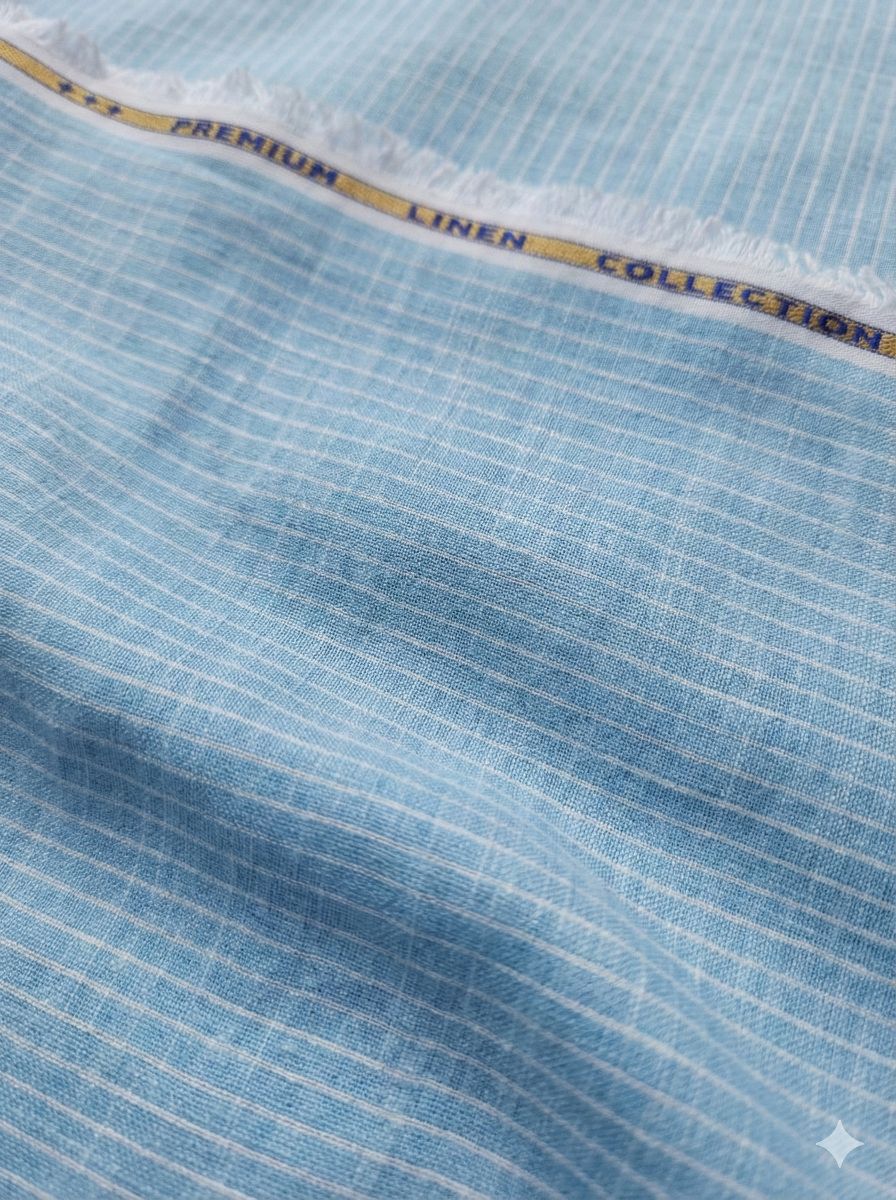 Electric Blue Pure Cotton Linen Fabric with Horizontal White Stripes (60 lea)