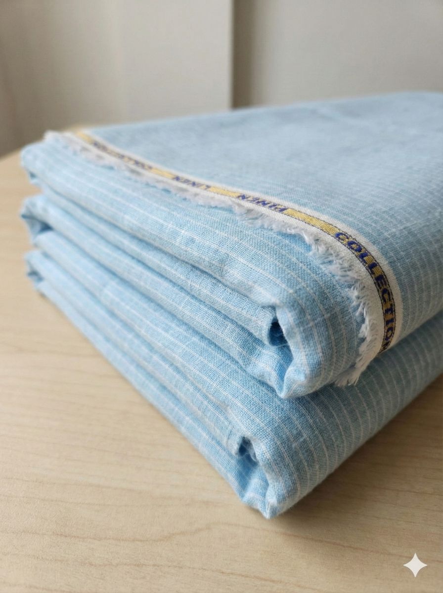 Electric Blue Pure Cotton Linen Fabric with Horizontal White Stripes (60 lea)