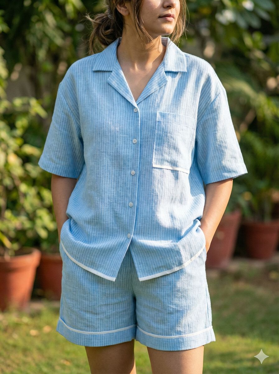 Electric Blue Pure Cotton Linen Fabric with Horizontal White Stripes (60 lea)