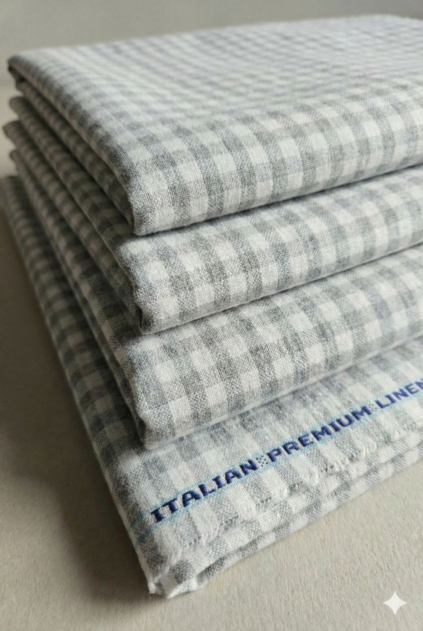 Grey & off White Checks Pure Cotton Linen Fabric  (60 lea)