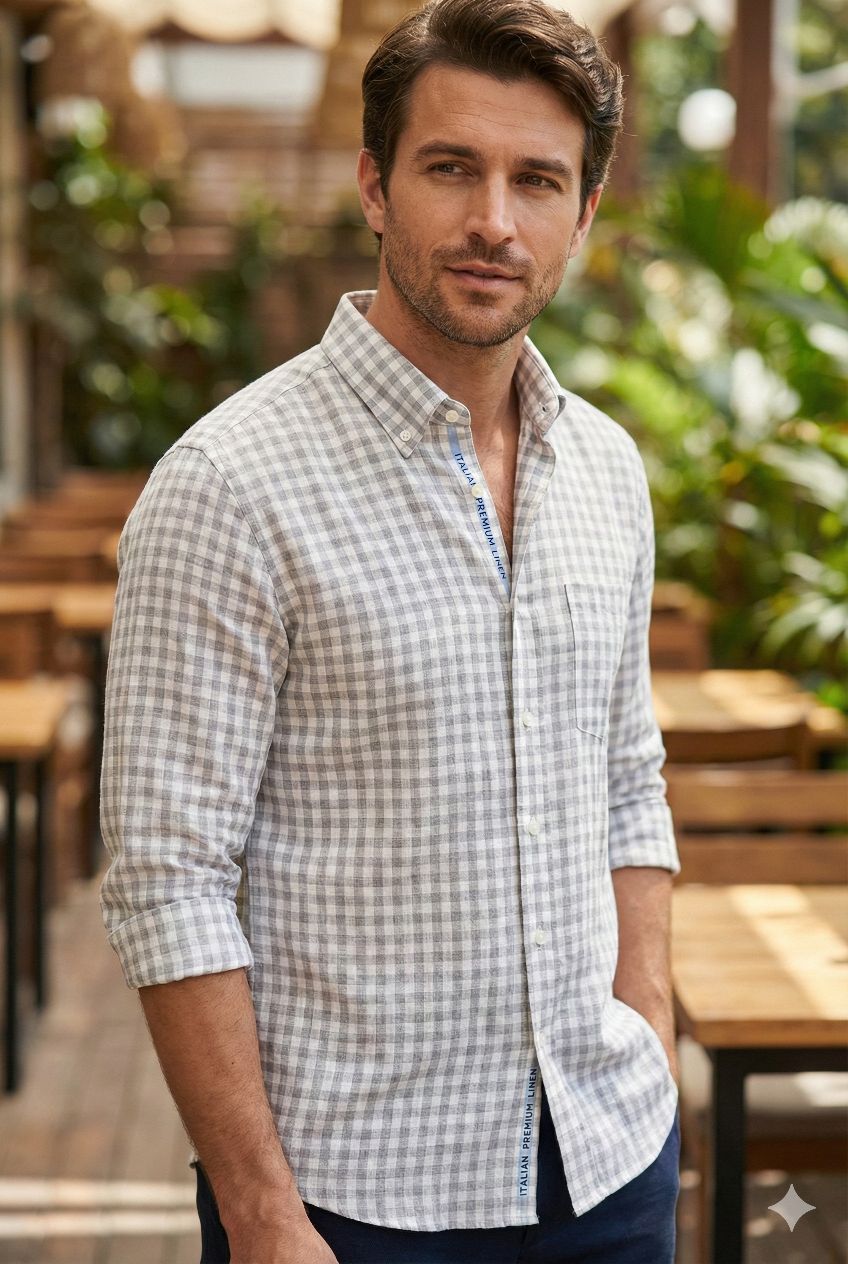 Grey & off White Checks Pure Cotton Linen Fabric  (60 lea)