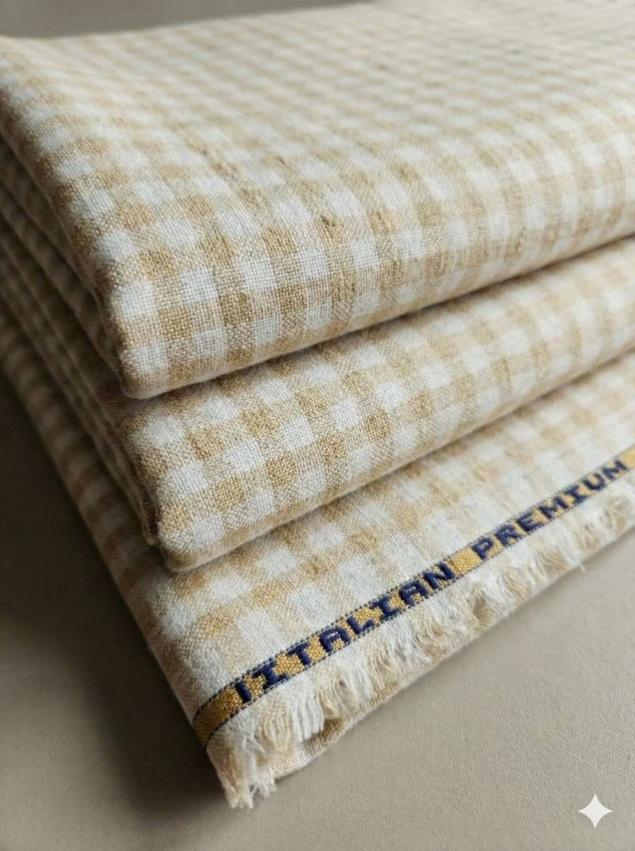 Khakee & off White Checks Pure Cotton Linen Fabric  (60 lea)