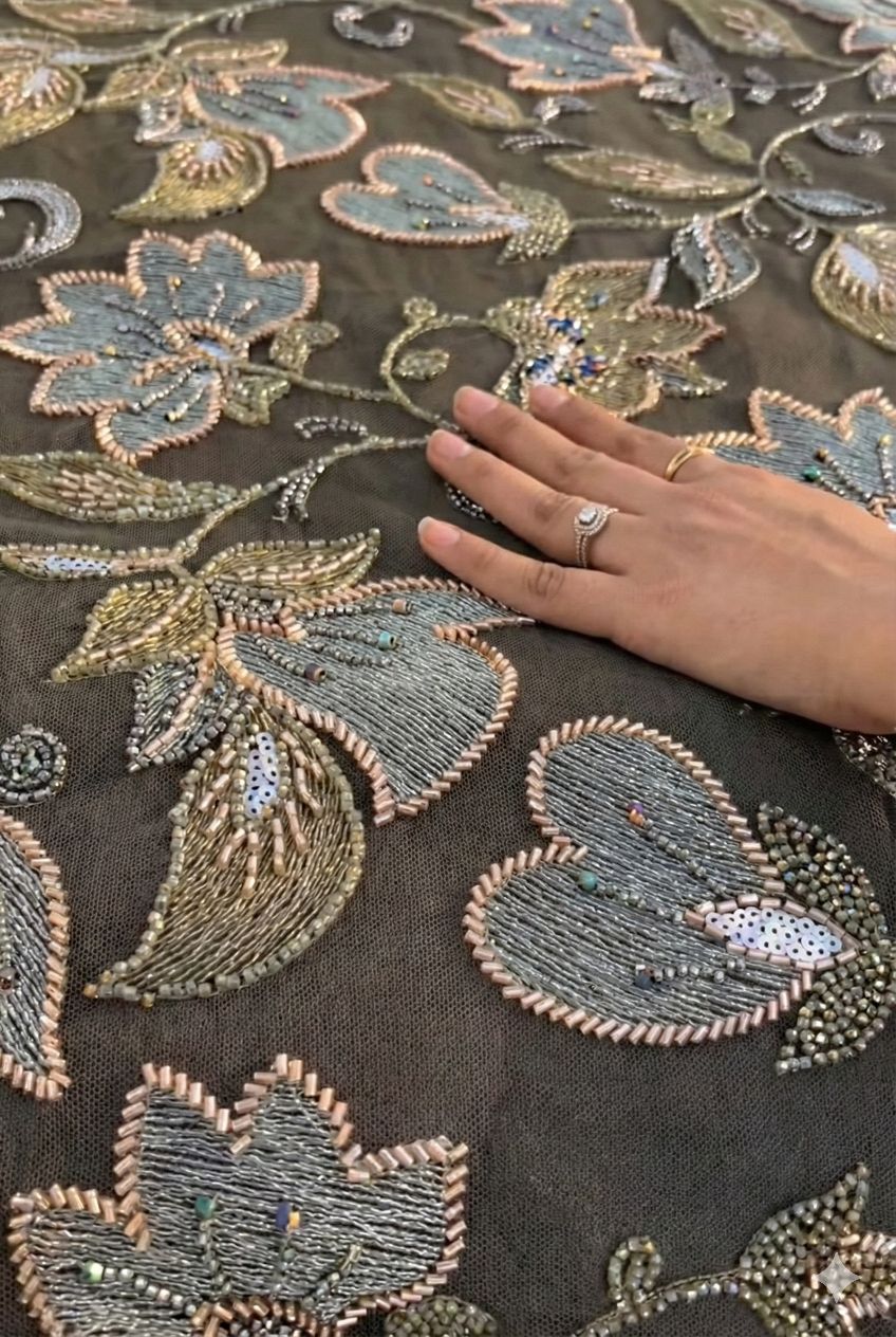 Mehndi Green Imported Net Fabric with Hand Embroidery Allover Jaal