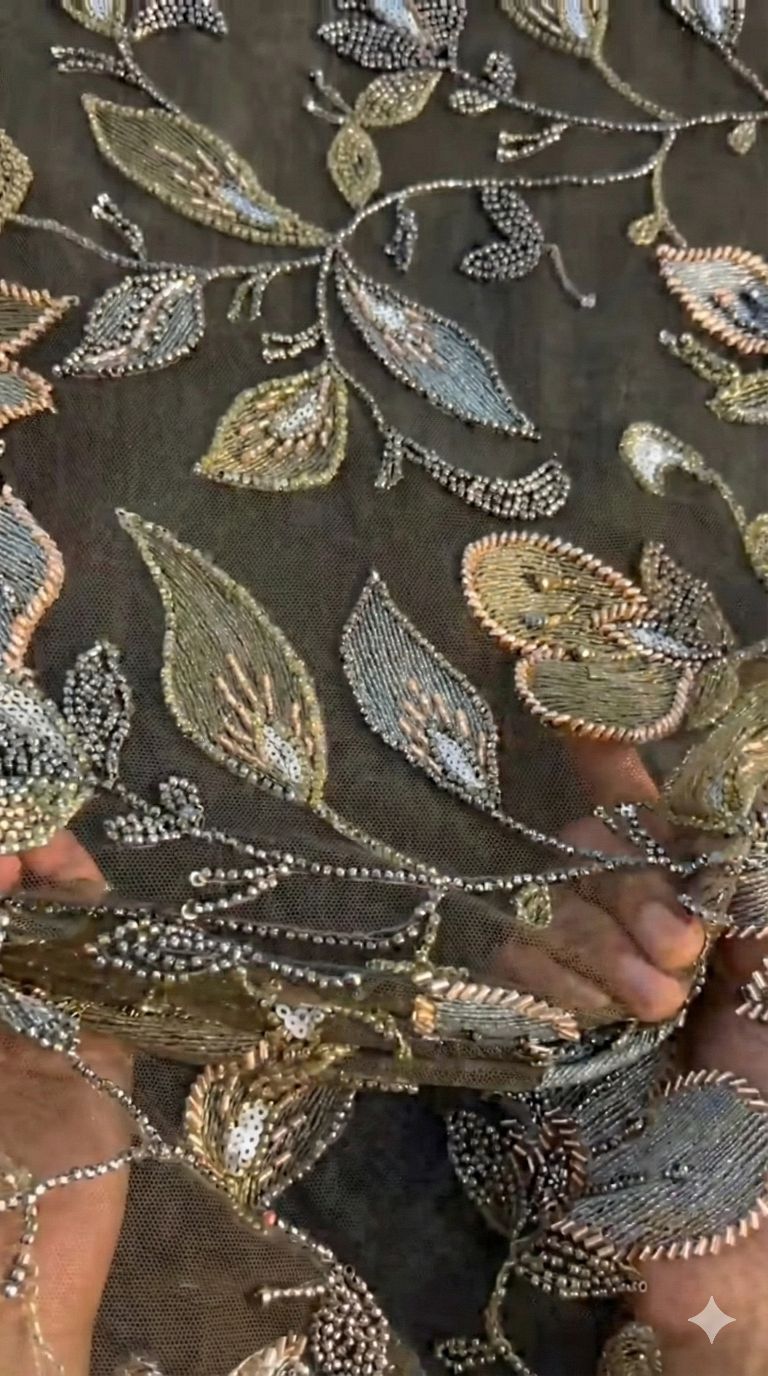 Mehndi Green Imported Net Fabric with Hand Embroidery Allover Jaal