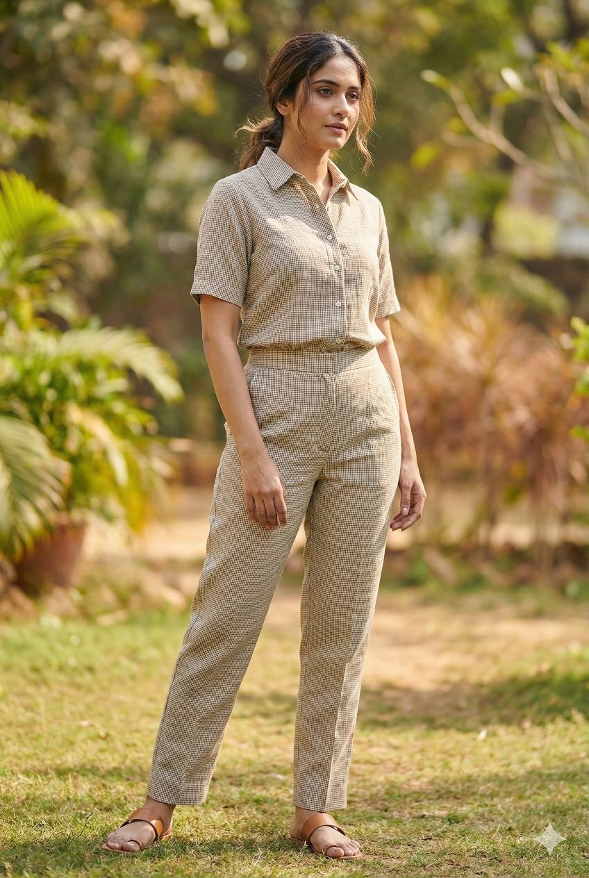 Khakee and White small checks cotton Linen (60 Lea)