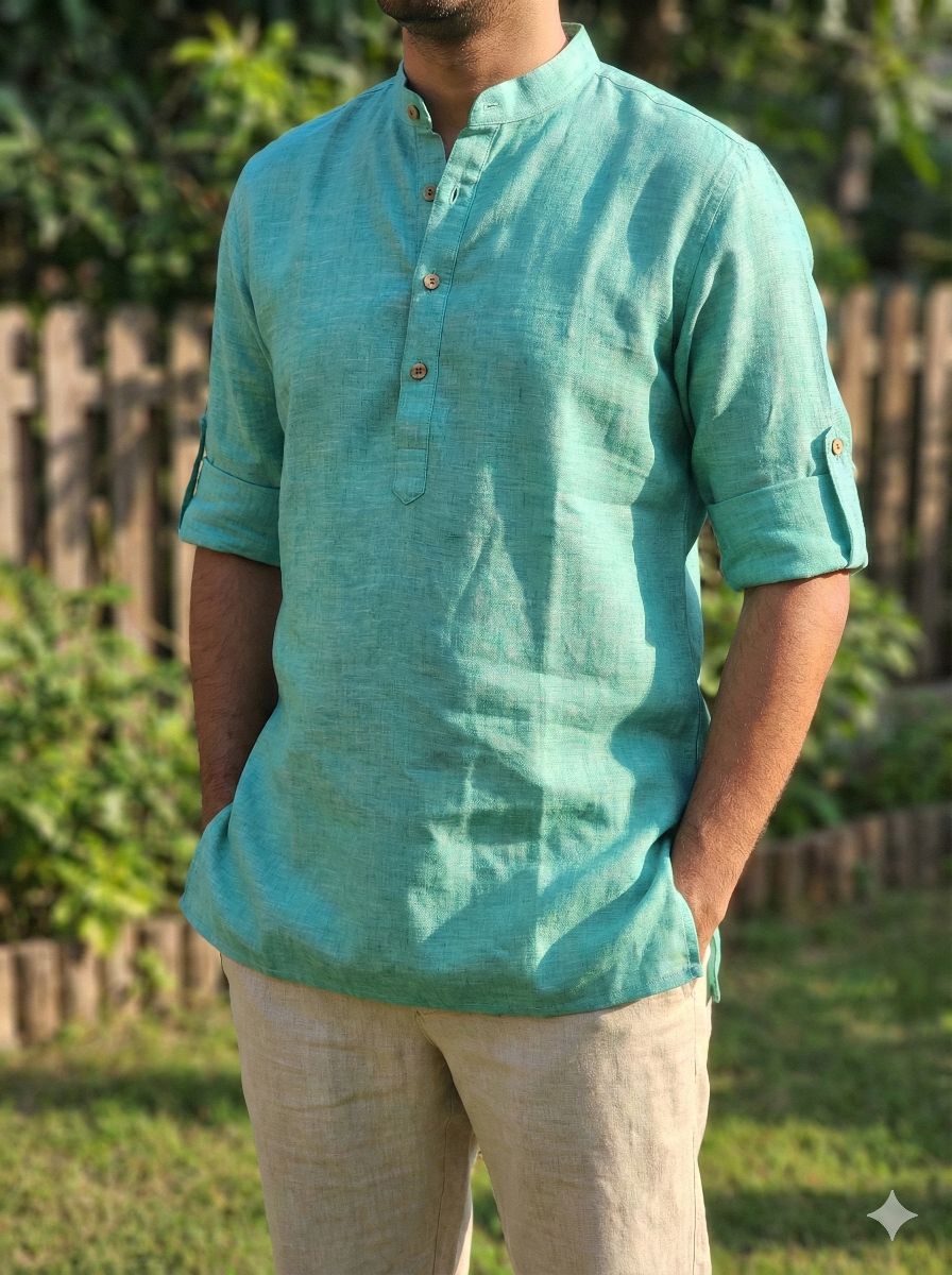 Pista Green & Blue two-tone Premium Cotton Linen Fabric (60 lea)