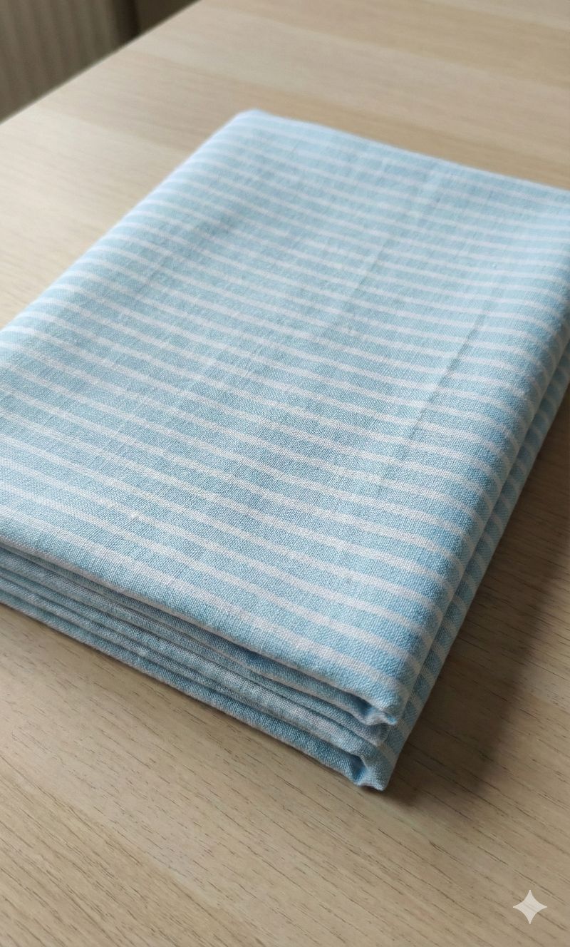 Light Blue Premium Cotton Linen Fabric with white horizontal lines (60 lea)