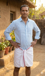 Light Blue Premium Cotton Linen Fabric with white horizontal lines (60 lea)