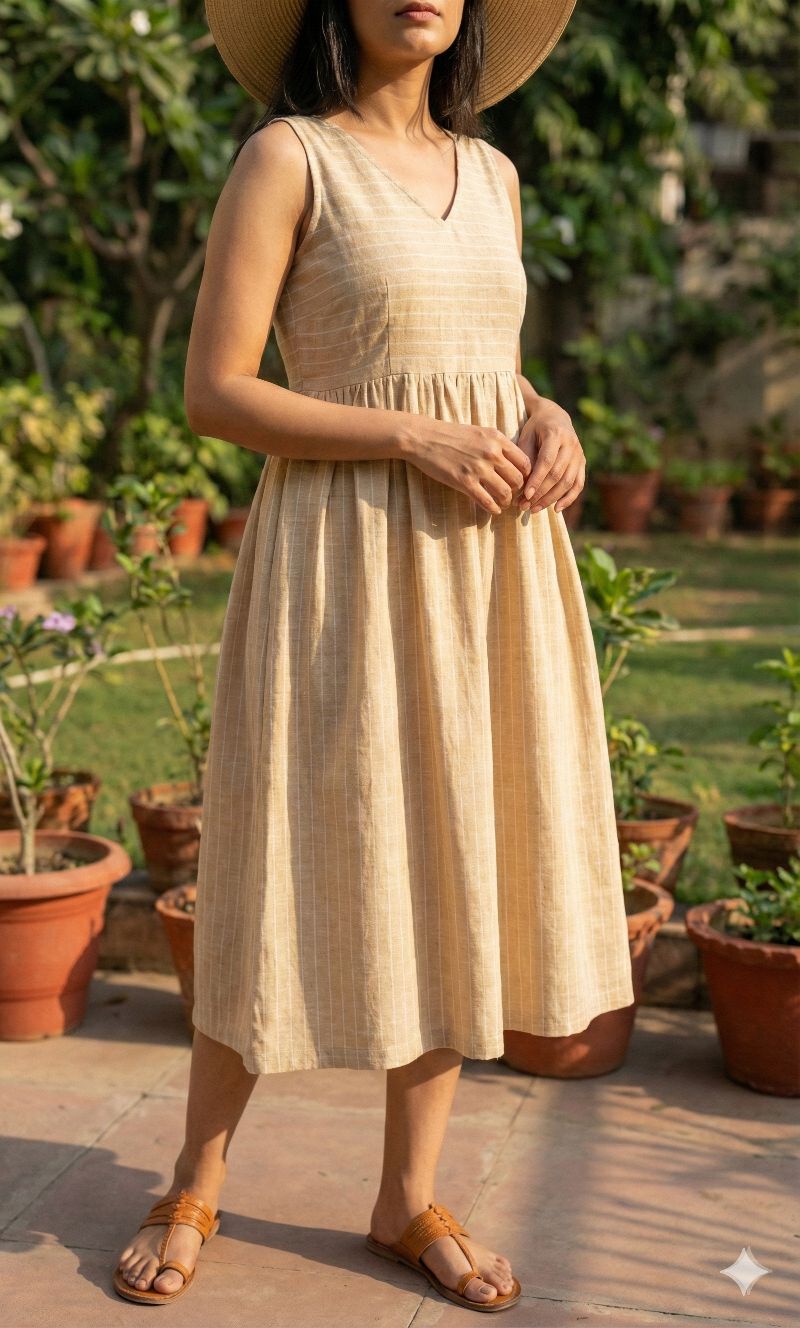 Light Mustard Premium Cotton Linen Fabric with Thin White Horizontal Lines (60 lea)