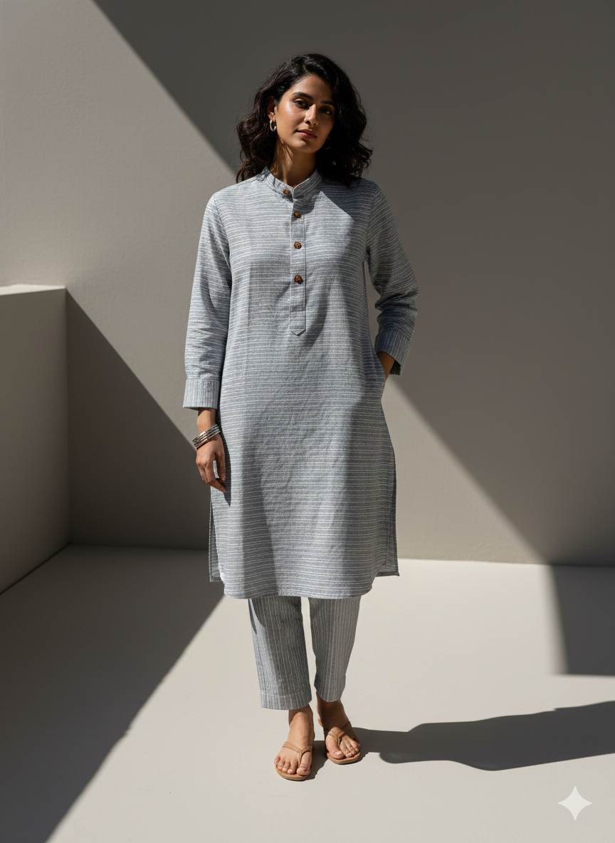 Grey Premium Cotton Linen Fabric with white & grey Horizontal Stripes (60 lea)