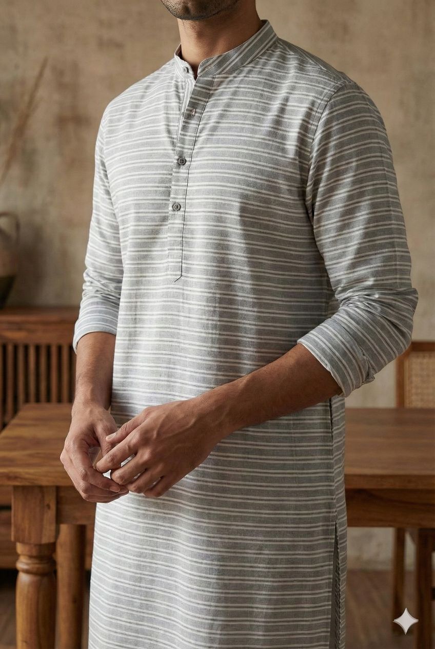 Grey Premium Cotton Linen Fabric with white & grey Horizontal Stripes (60 lea)