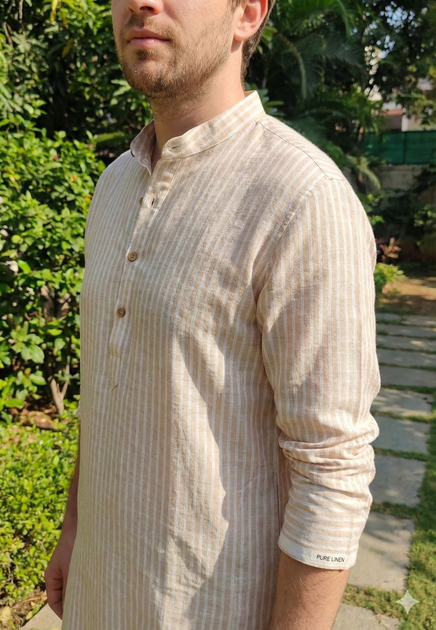 Peach Premium Cotton Linen Fabric with Broad White Horizontal Stripes (60 lea)