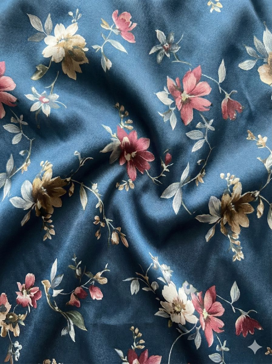Dark blue Glossy Floral print Pure cotton Fabric