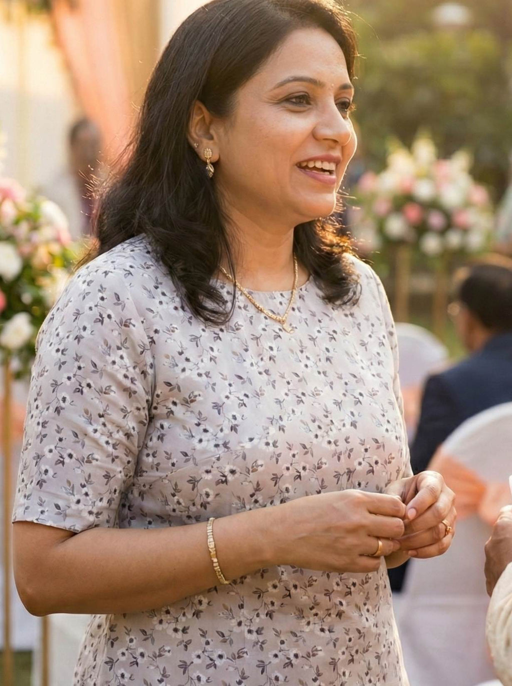 White Glossy Floral print pure cotton Fabric