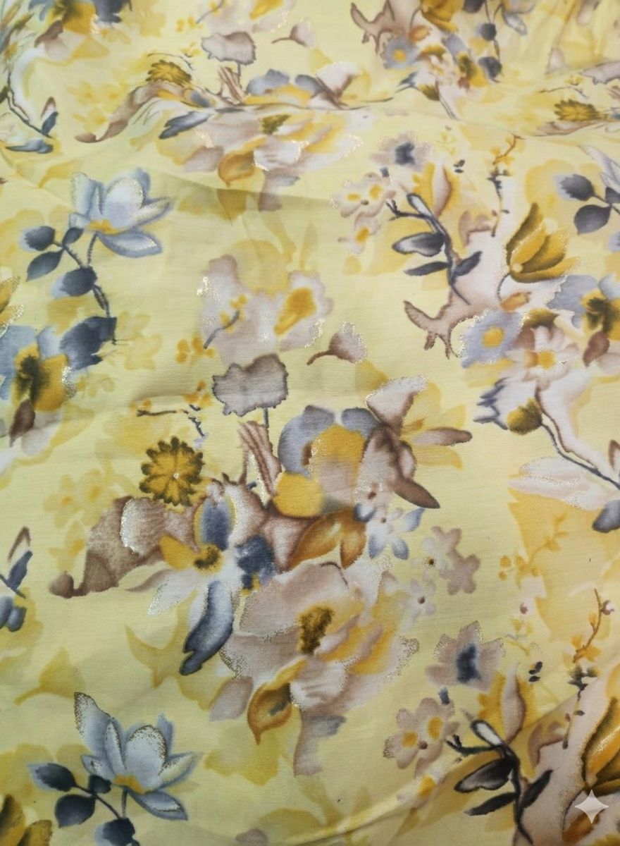 Lemon yellow Muslin silk Floral print Big Width Fabric