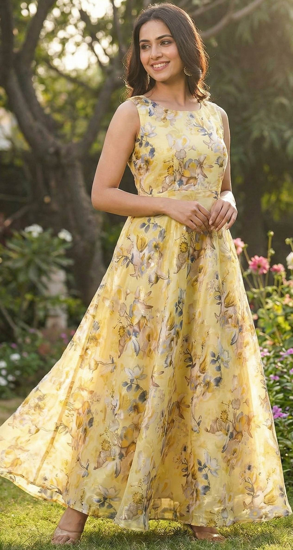 Lemon yellow Muslin silk Floral print Big Width Fabric