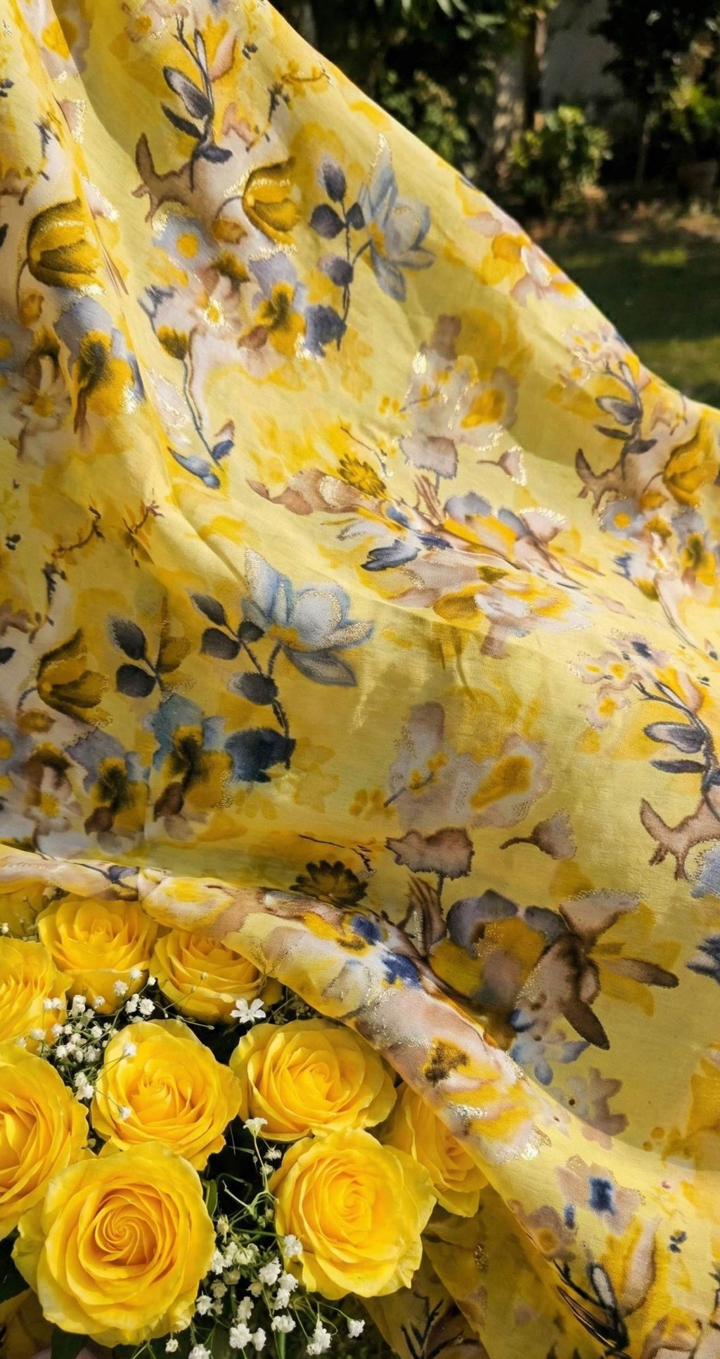 Lemon yellow Muslin silk Floral print Big Width Fabric