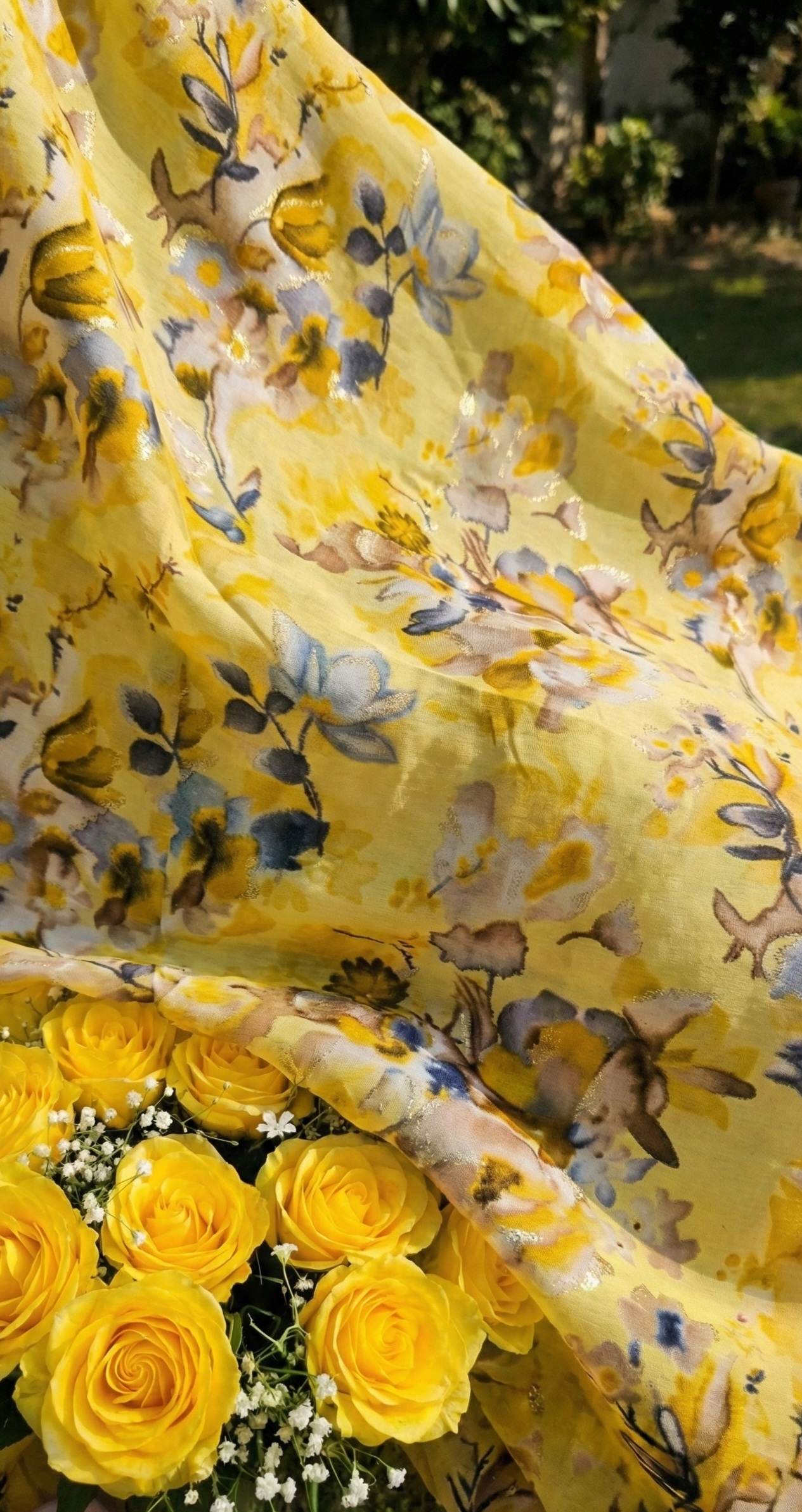 Lemon yellow Muslin silk Floral print Big Width Fabric