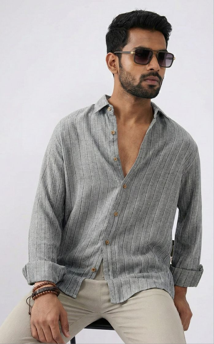 Grey with Thin White Horizontal Lines Premium Cotton Linen Fabric (60 lea)