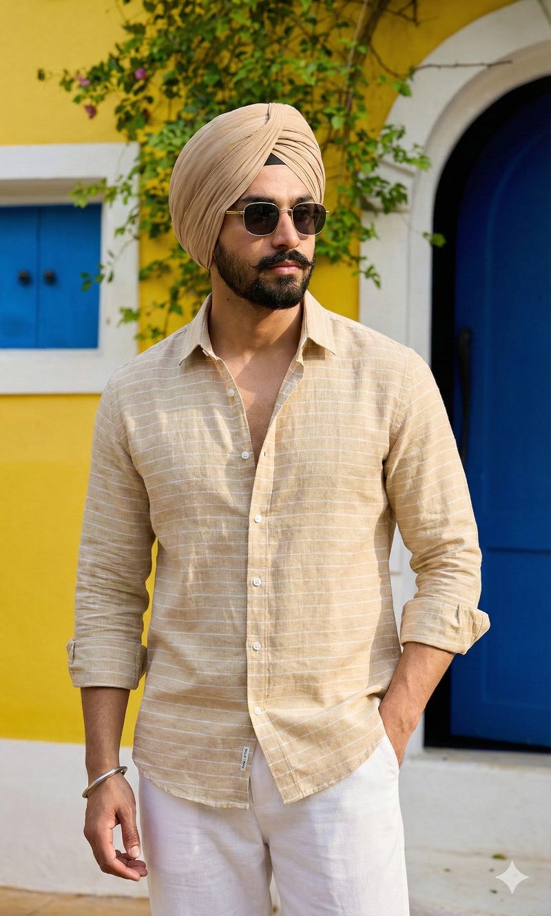 Peach Premium Cotton Linen Fabric with Broad White Horizontal Stripes (60 lea)