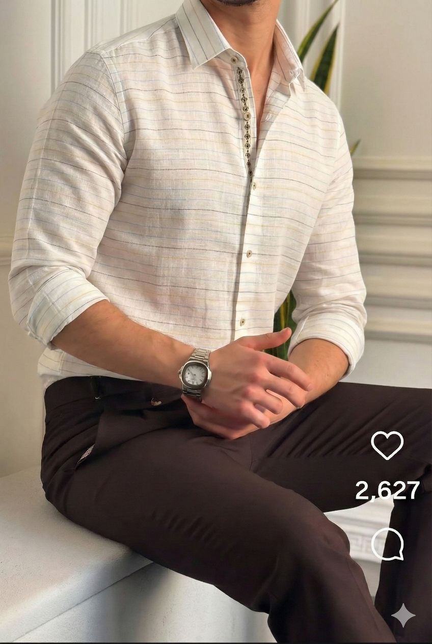 Off white Cotton Linen Fabric with Sky Blue, Mustard Yellow & Brown Horizontal Lines (60 lea)