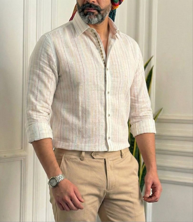 Off white Cotton Linen Fabric with Sky Blue, Mustard Yellow & Brown Horizontal Lines (60 lea)