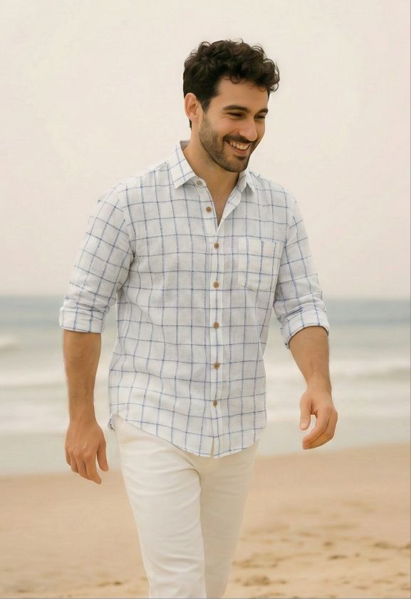 Off white Cotton Linen Fabric with Blue & Black Checks (60 lea)