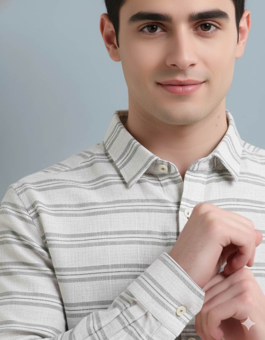 White Premium Cotton Linen with Grey stripes (60 lea)