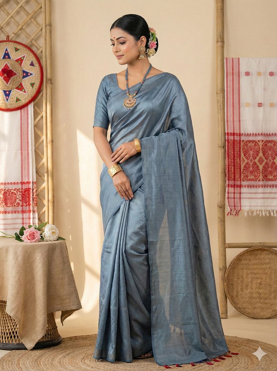Grey Blue Chanderi Silk Fabric