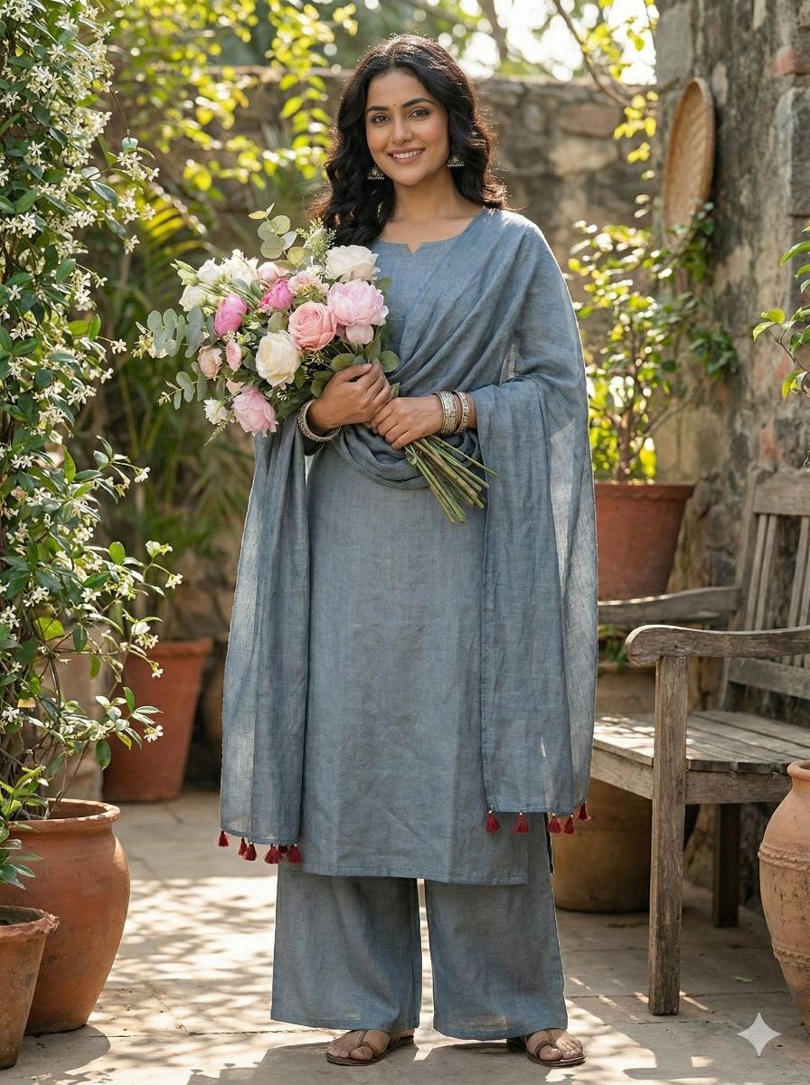 Grey Blue Chanderi Silk Fabric