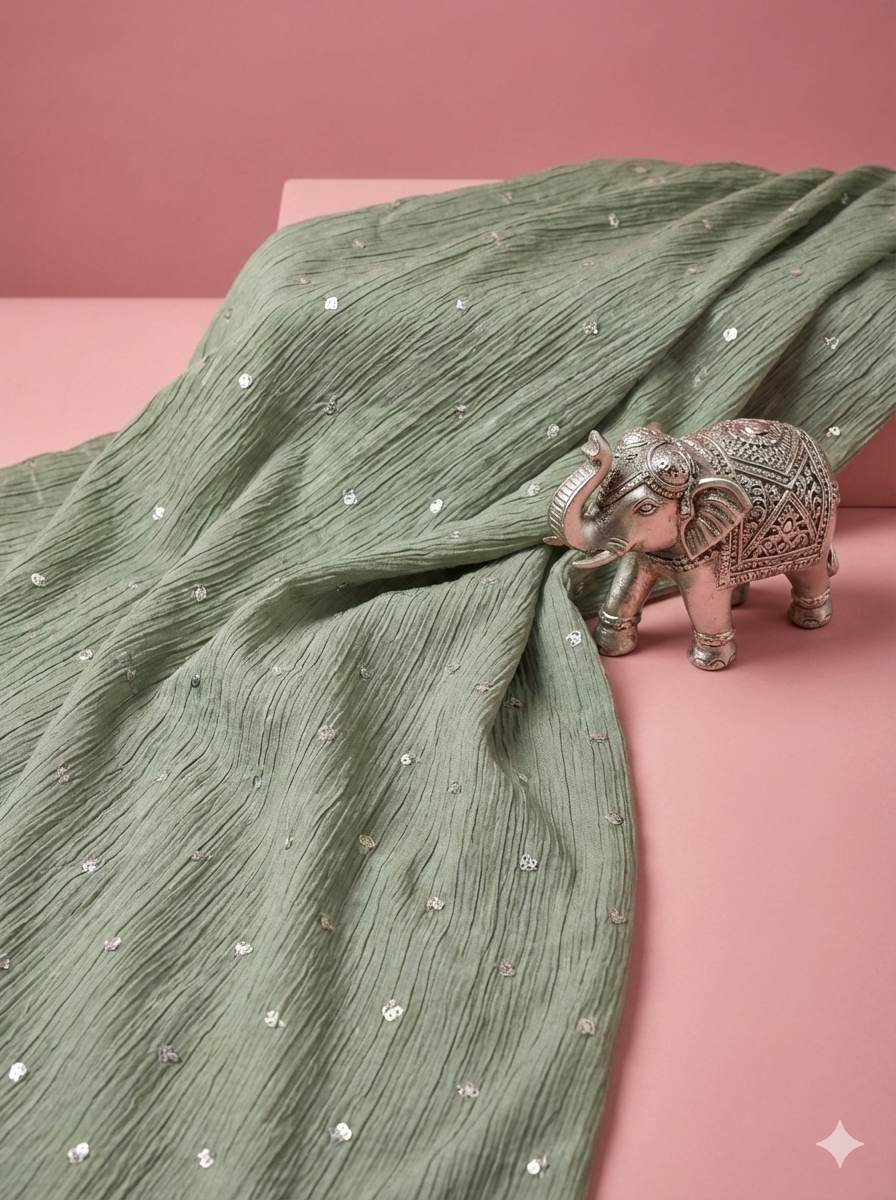 Laurel Green Crushed Chiffon Fabric with Sequence Butti work