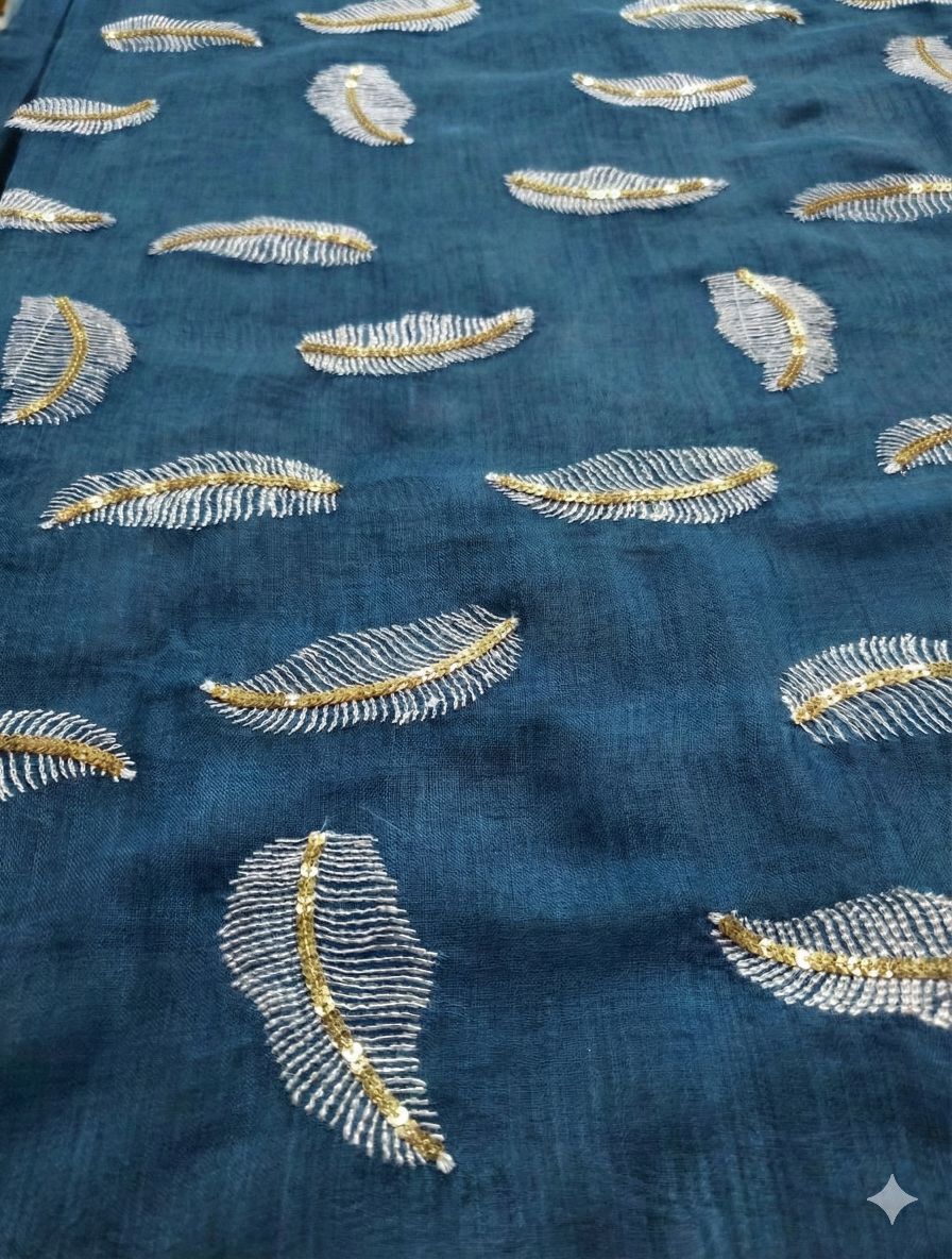 Deep Blue chanderi Fabric with white Leaf & Golden Sequence Motif Embroidery