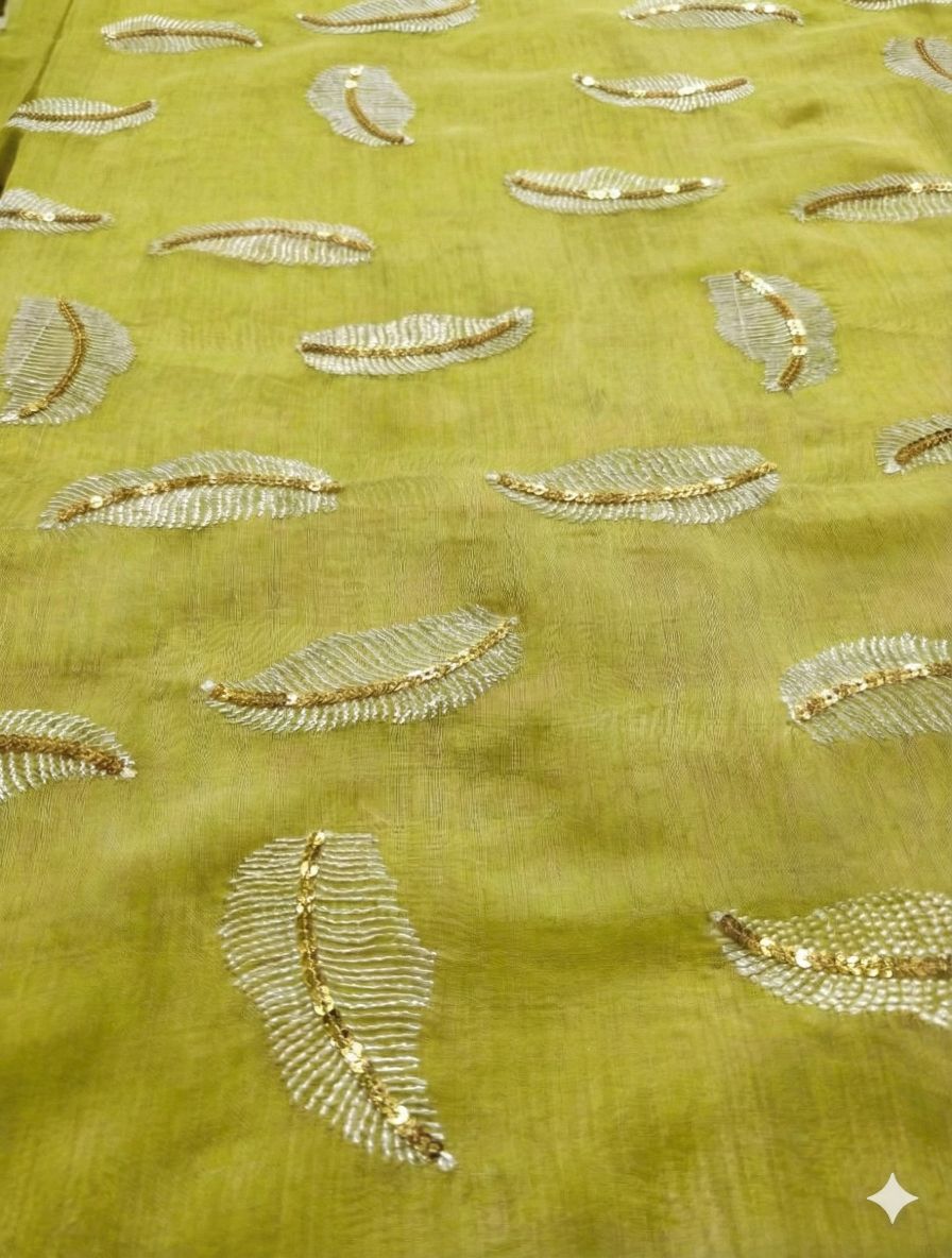 Yellowish Green chanderi Fabric with white Leaf & Golden Sequence Motif Embroidery