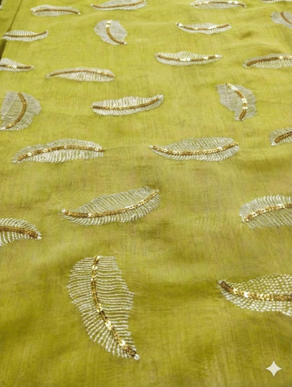 Yellowish Green chanderi Fabric with white Leaf & Golden Sequence Motif Embroidery