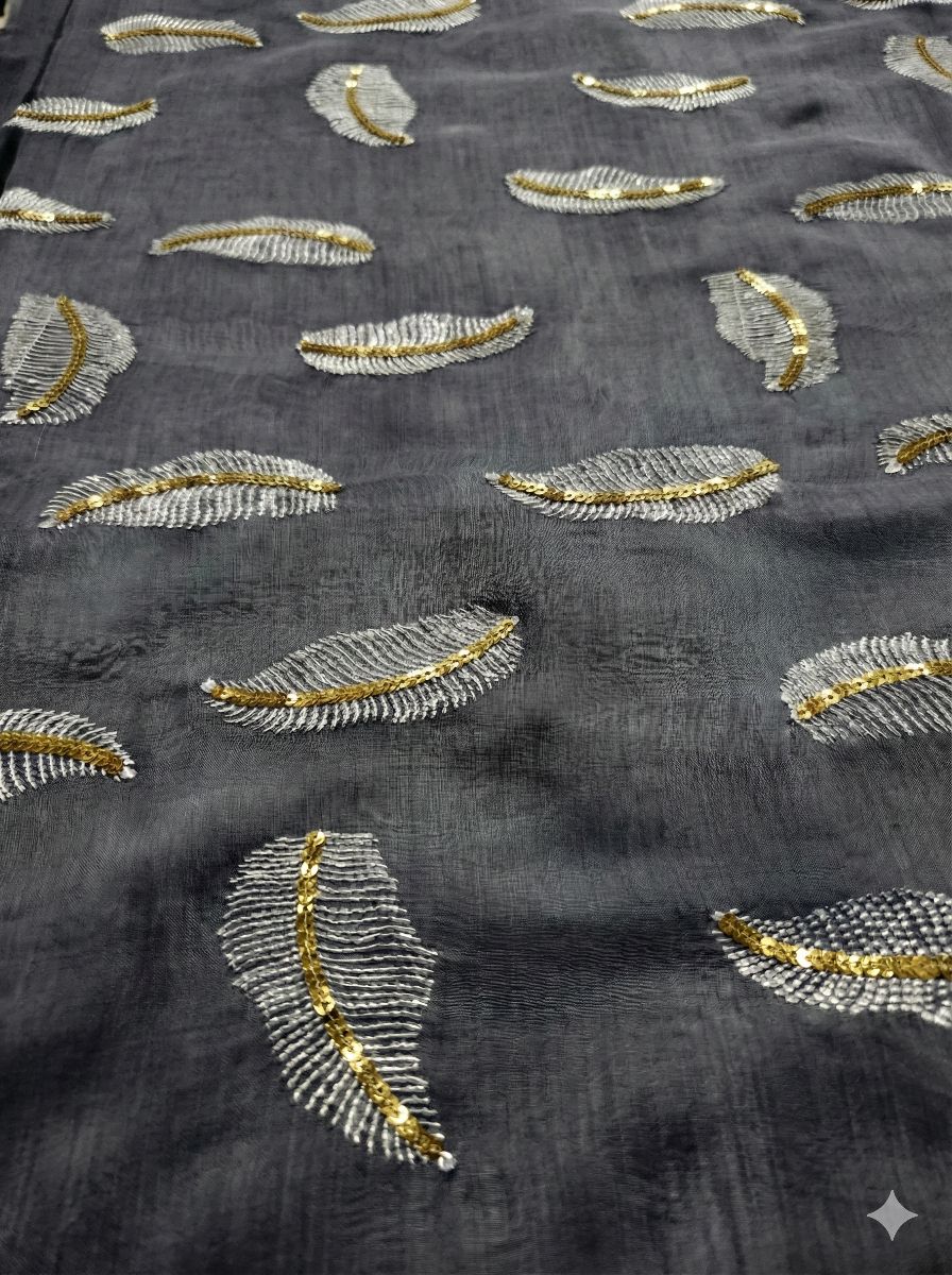 Grey chanderi Fabric with white Leaf & Golden Sequence Motif Embroidery