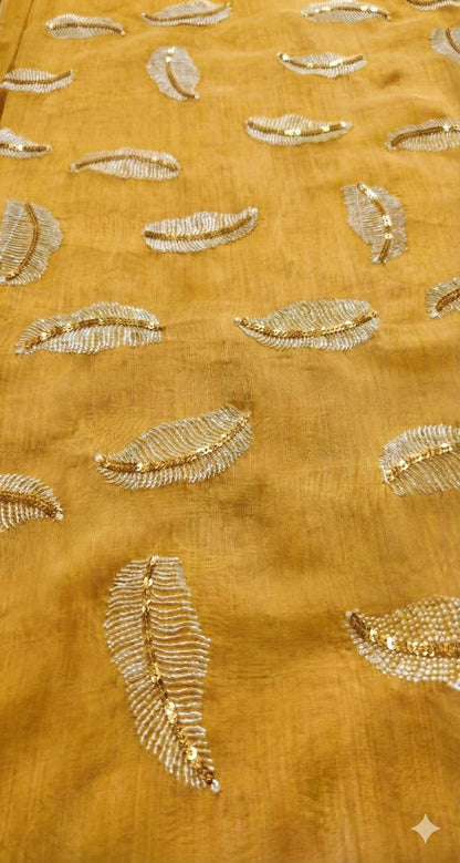 Yellow chanderi Fabric with white Leaf & Golden Sequence Motif Embroidery