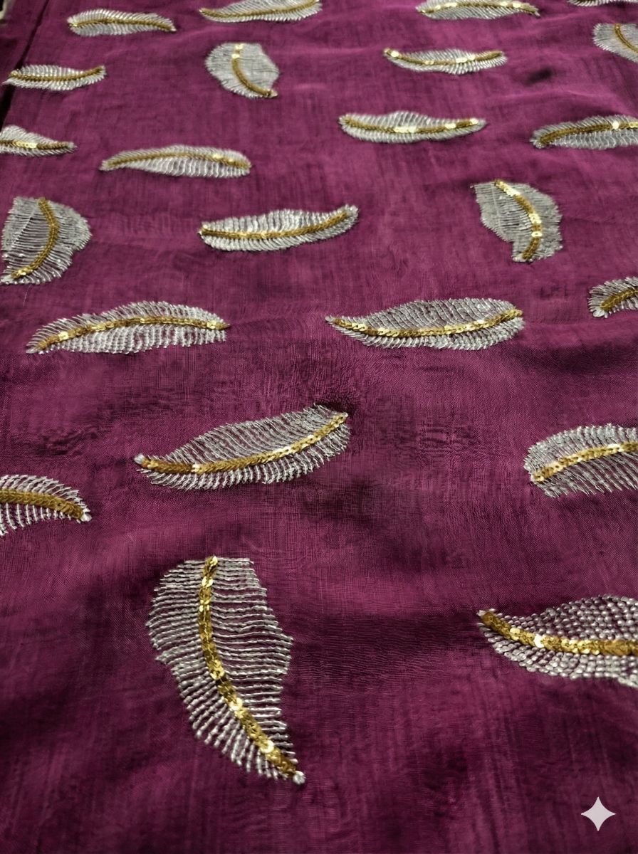 Maroon chanderi Fabric with white Leaf & Golden Sequence Motif Embroidery