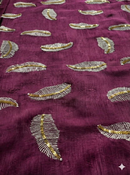 Maroon chanderi Fabric with white Leaf & Golden Sequence Motif Embroidery