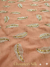 Peach chanderi Fabric with white Leaf & Golden Sequence Motif Embroidery