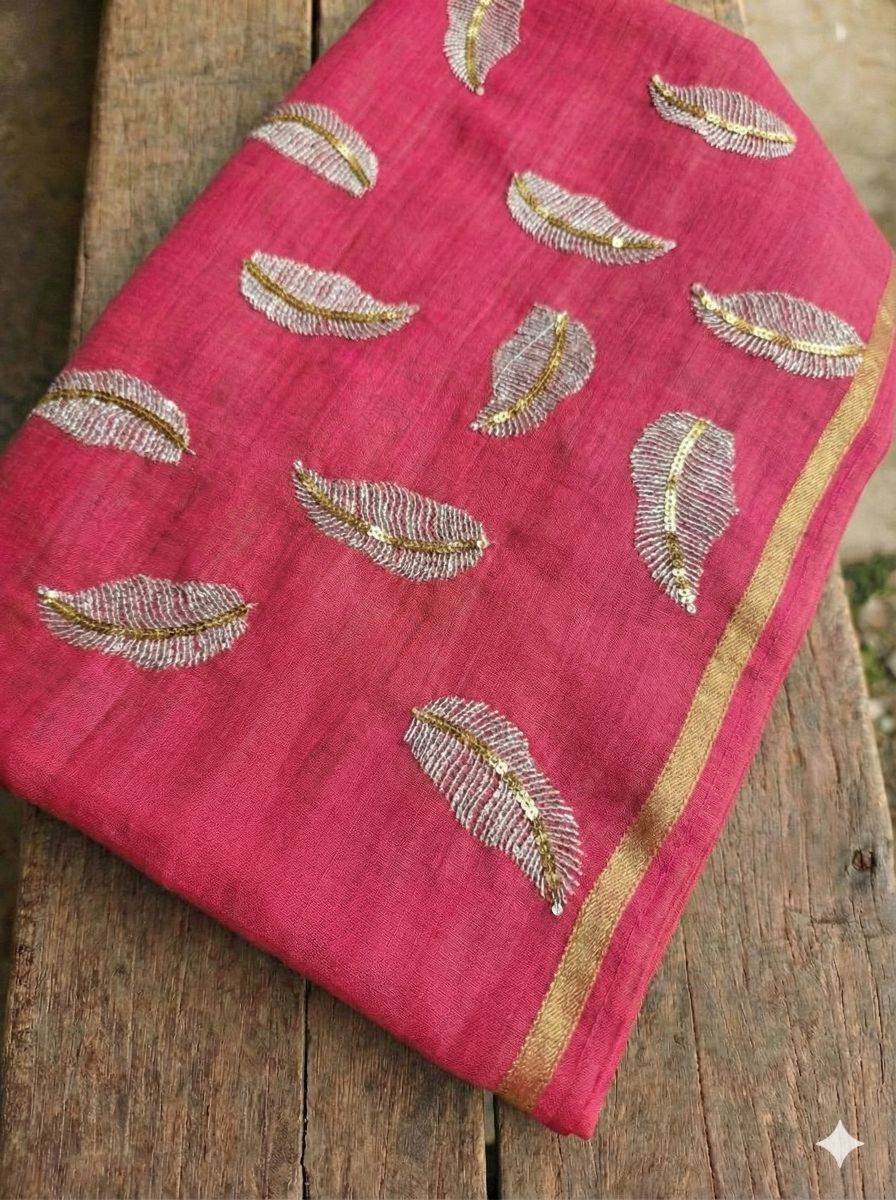 Hot pink chanderi Fabric with white Leaf & Golden Sequence Motif Embroidery