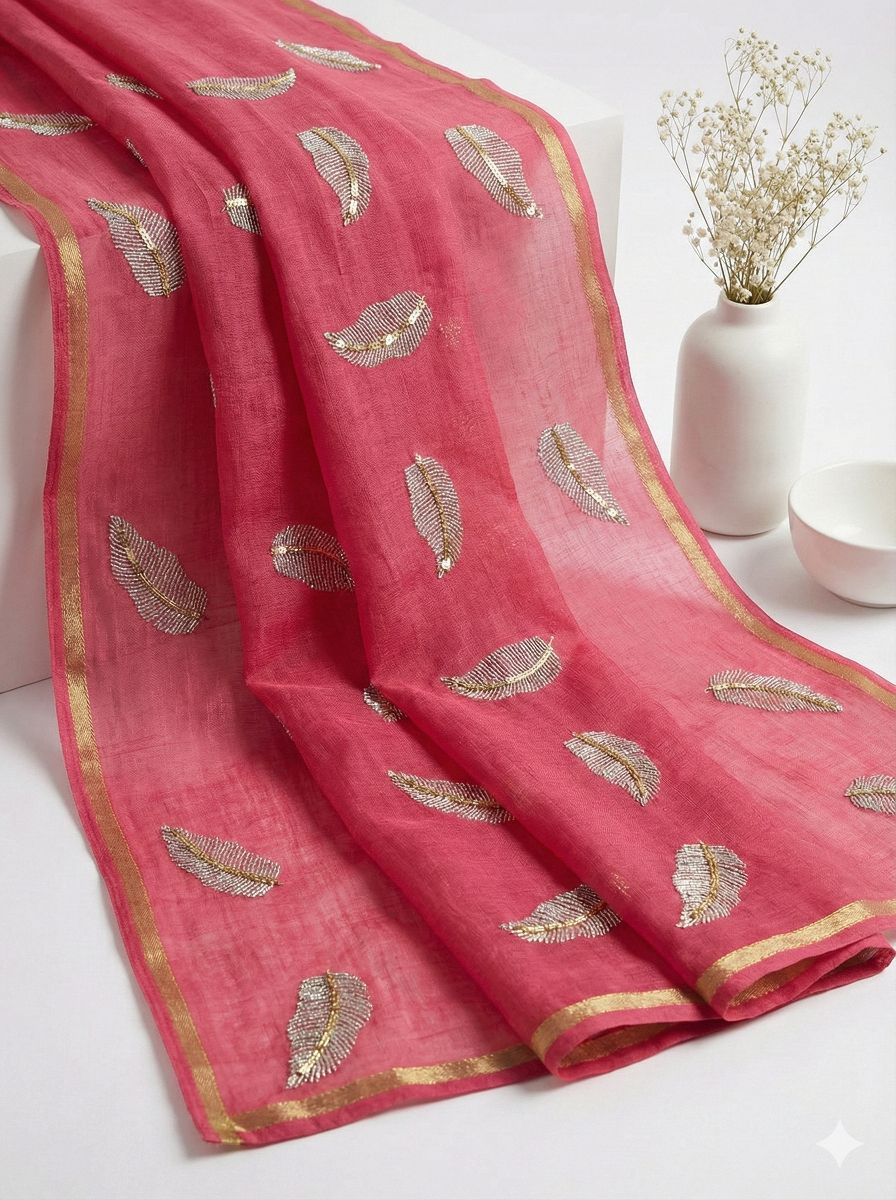 Hot pink chanderi Fabric with white Leaf & Golden Sequence Motif Embroidery