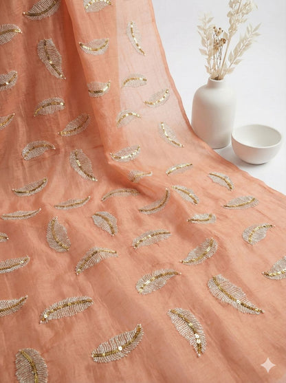 Peach chanderi Fabric with white Leaf & Golden Sequence Motif Embroidery