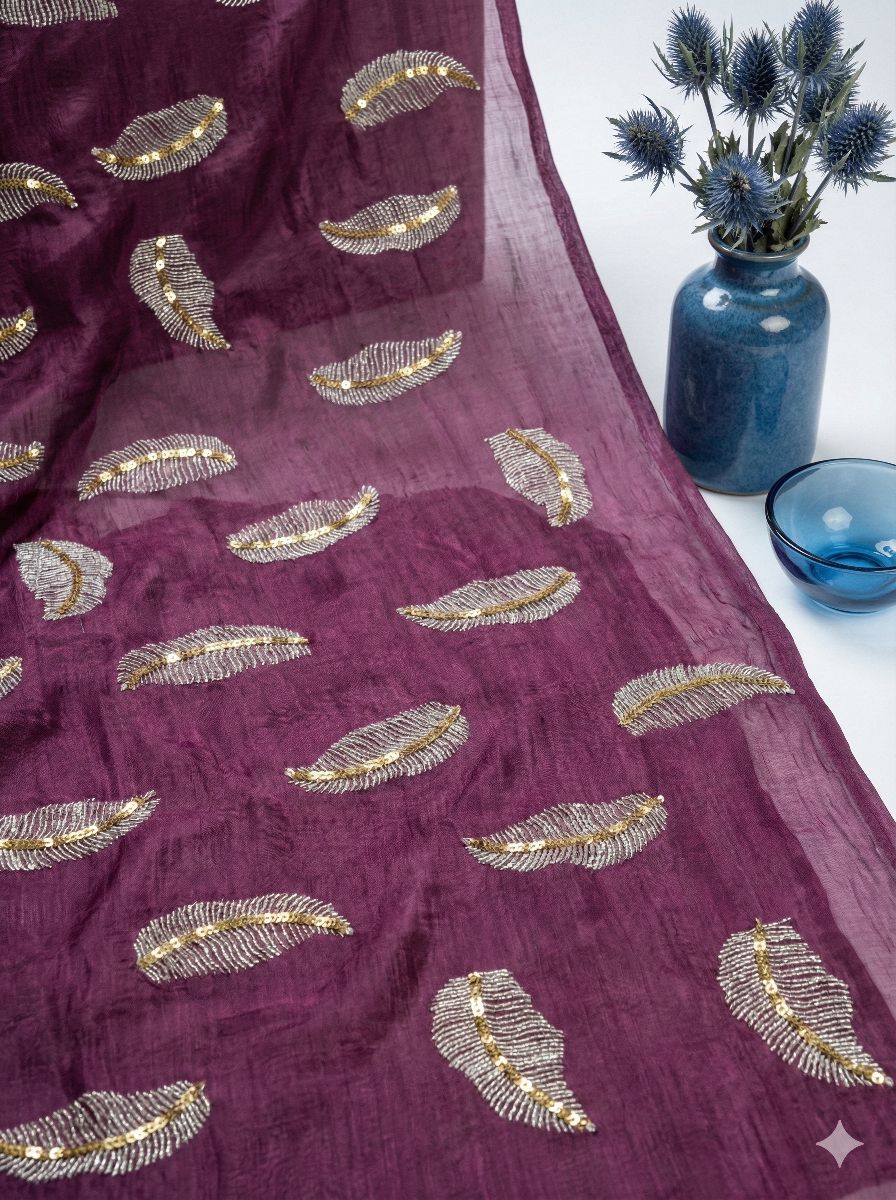 Maroon chanderi Fabric with white Leaf & Golden Sequence Motif Embroidery