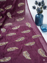 Maroon chanderi Fabric with white Leaf & Golden Sequence Motif Embroidery