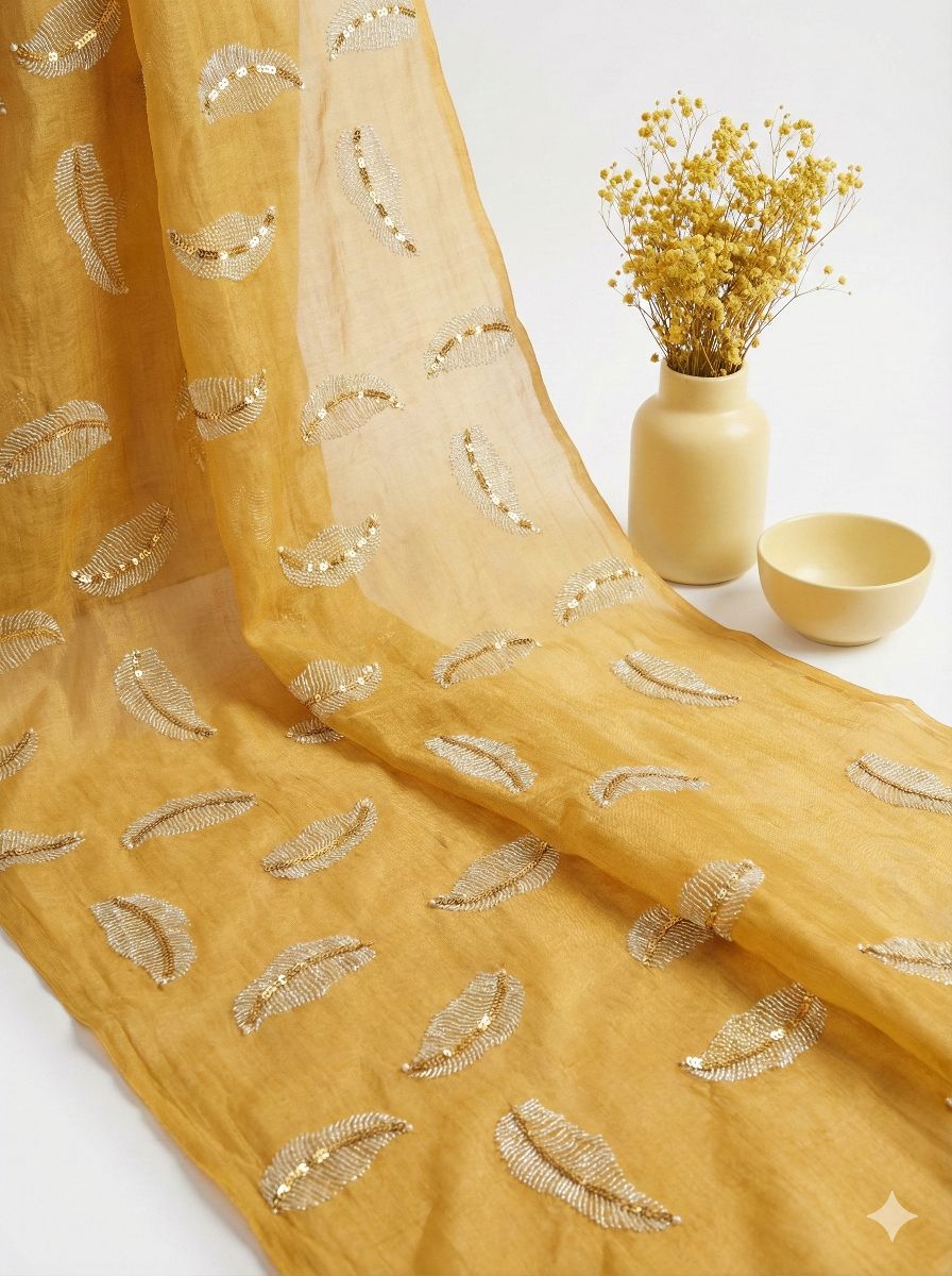 Yellow chanderi Fabric with white Leaf & Golden Sequence Motif Embroidery