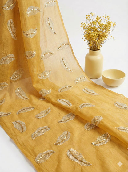 Yellow chanderi Fabric with white Leaf & Golden Sequence Motif Embroidery