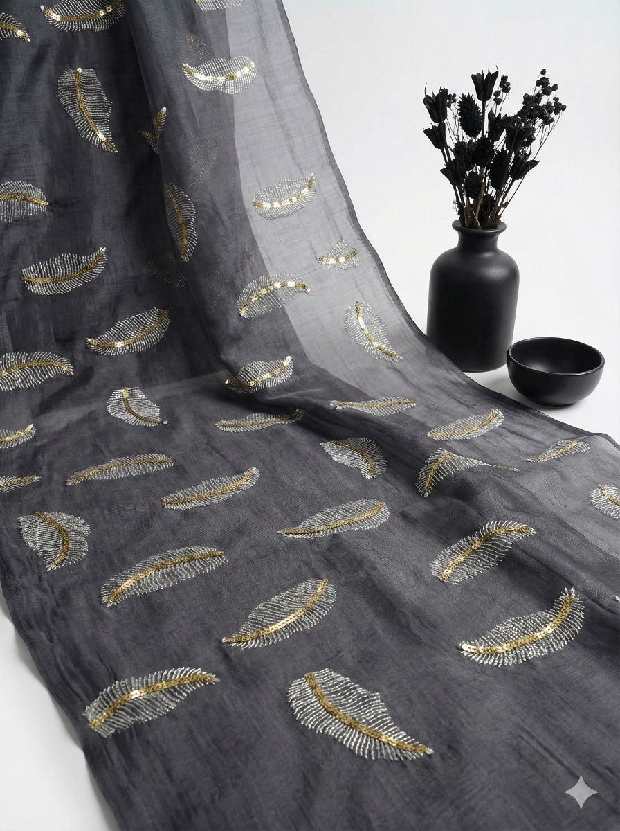 Grey chanderi Fabric with white Leaf & Golden Sequence Motif Embroidery
