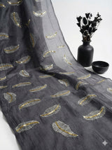 Grey chanderi Fabric with white Leaf & Golden Sequence Motif Embroidery